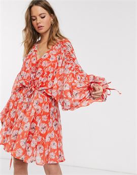soft tiered mini dress with drawstring details in red poppy floral