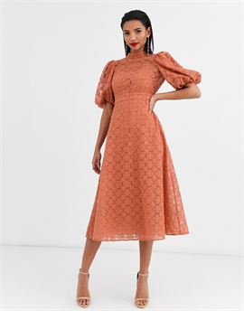 broderie organza midi skater dress with puff sleeves