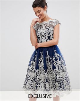 Premium Metallic Lace Midi Prom Dress with Bardot Neck