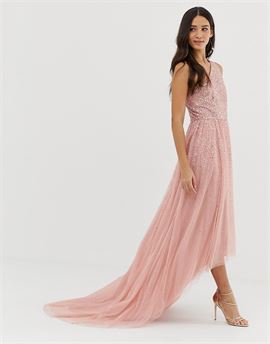 one shoulder embellished high low prom maxi dress in pink