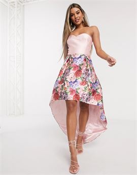 bandeau prom dress with high low hem in mink floral