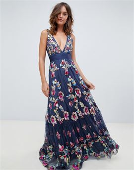 embellished prom maxi dress with plunge front in multi