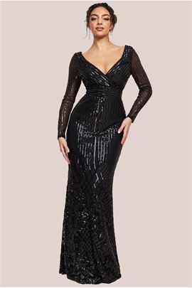 Long Sleeve Sequin V Wrap Maxi Dress