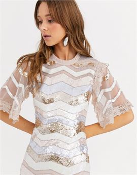 sequin embellished zig zag midi dress with lace sleeves in multi