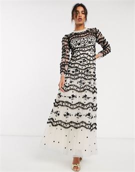 embroidered contrast maxi dress in black and cream floral
