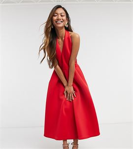 exclusive backless plunge prom midi dress in red