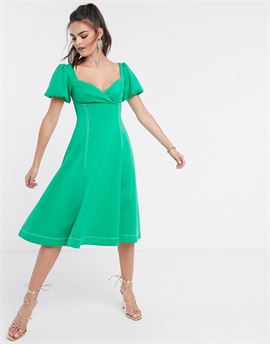 puff sleeve prom midi dress with contrast topstitch in green