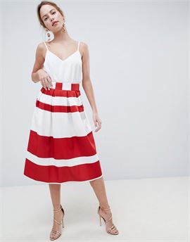 midi scuba prom skirt in red stripe
