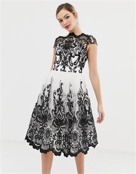 premium lace midi prom dress with bardot neck in mono