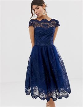 premium lace midi dress with cap sleeve in navy