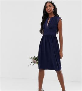 lace detail midi bridesmaid dress in navy