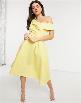 drape fallen shoulder midi skater prom dress in lemon