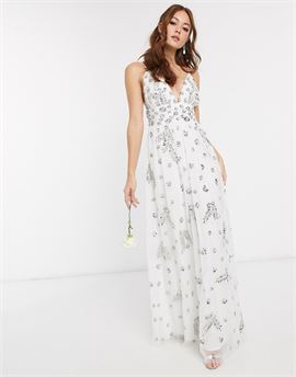 Bridal plunge front all over embellished full prom maxi dress in white