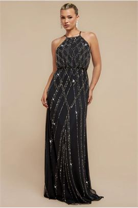 Racer Neck Sleeveless Hand Embellished Sequin Maxi Dress