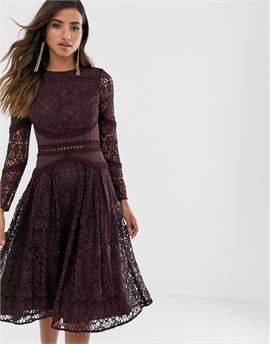 long sleeve prom dress in lace with circle trim details