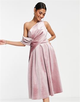 velvet bare shoulder prom midi dress in rose pink