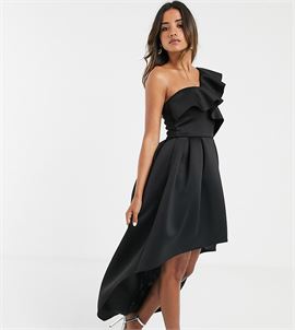 frill one shoulder high low prom maxi dress in black