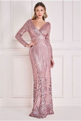 Long Sleeve Sequin V Wrap Maxi Dress