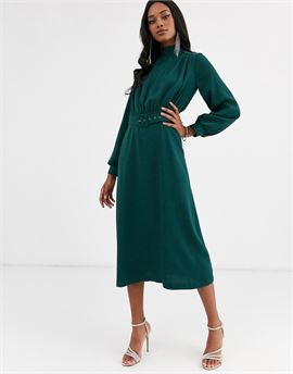 high neck belted midi dress in forest green