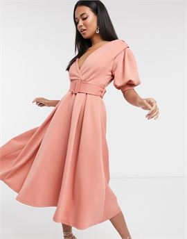ruched shoulder belted soft prom midi dress in pink