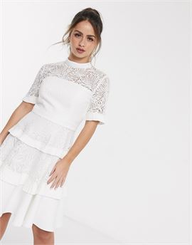 pleat lace mini dress in white