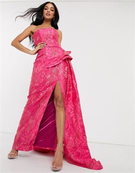 bandeau prom dress with thigh split in pink jacquard print