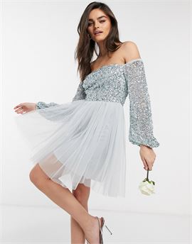 Bridesmaid off shoulder delicate sequin long sleeve mini tulle prom dress in blue