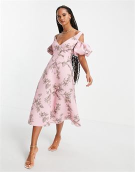 cold shoulder corsetted prom midi dress in floral print