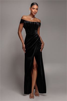 Draped Shoulder Velvet Corset Maxi Dress