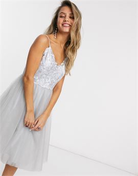 lace top tulle prom dress in silver grey