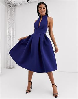 high neck plunge midi prom dress with strappy back detail
