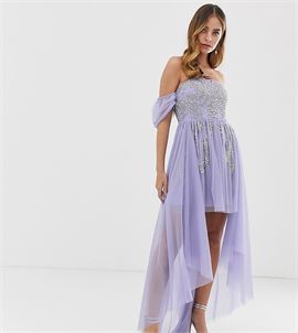 off shoulder mini embellished prom dress with train detail in lilac