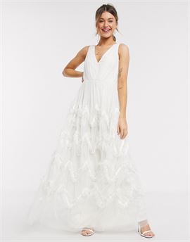 With Love plunge front prom maxi dress with feather effect skirt in white