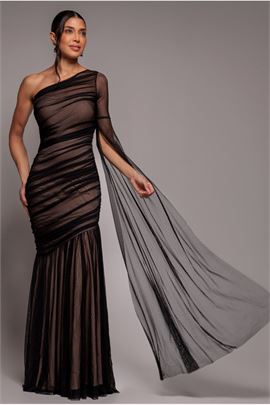 Gathered One Sleeve Angel Wing Mermaid Maxi Dress