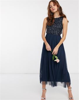 Bridesmaid sleeveless midaxi tulle dress with tonal delicate sequin overlay in navy