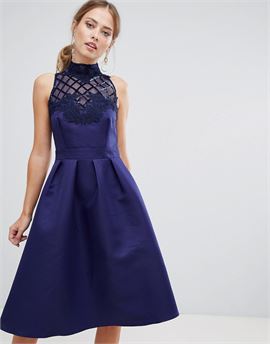 high neck prom dress with floral applique and sequin detail