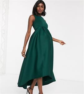midi prom dress with hi low hem in emerald