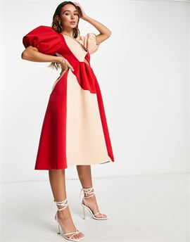 puff sleeve twist plunge cut out prom midi dress in contrast colour