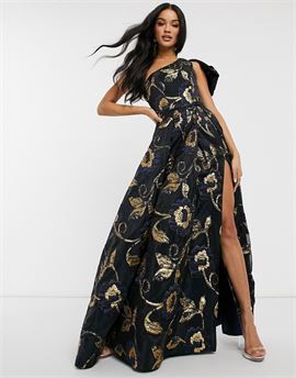 one shoulder prom dress with thigh split in navy jacquard print