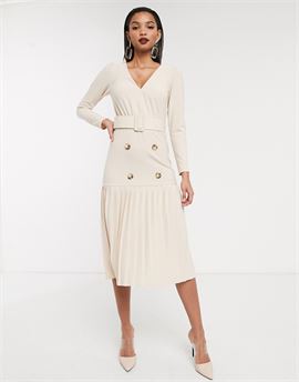 Long sleeve double breasted pleated midi dress
