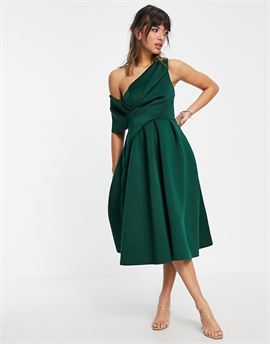 bare shoulder prom midi dress in forest green