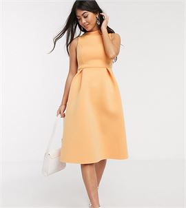 ASOS DESIGN Petite high neck sleeveless midi prom dress with lace up back in washed tangerine