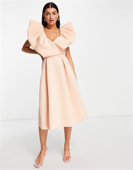 exagerated bubble sleeve prom midi dress