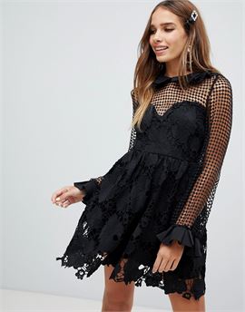 lace sleeve mini prom dress with collar in black