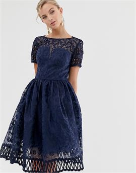 premium lace dress with cutwork detail and cap sleeve in navy