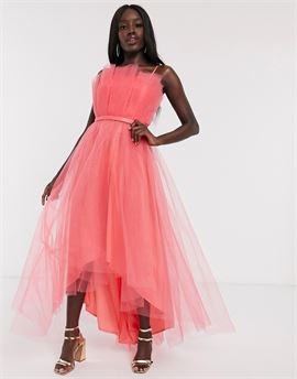 tulle bardot layered high low prom midi dress in coral