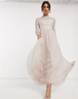 embellished maxi dress with tulle skirt in blush
