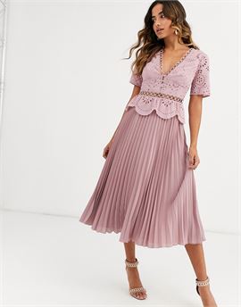 broderie button front pleated midi tea dress